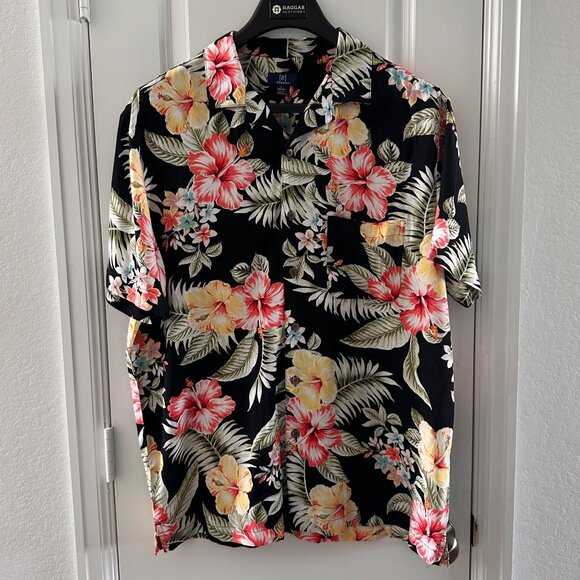 George Mens Hawaiian Shirt L Black Floral Print 100% Rayon Short Sleeve Button F - Picture 1 of 5